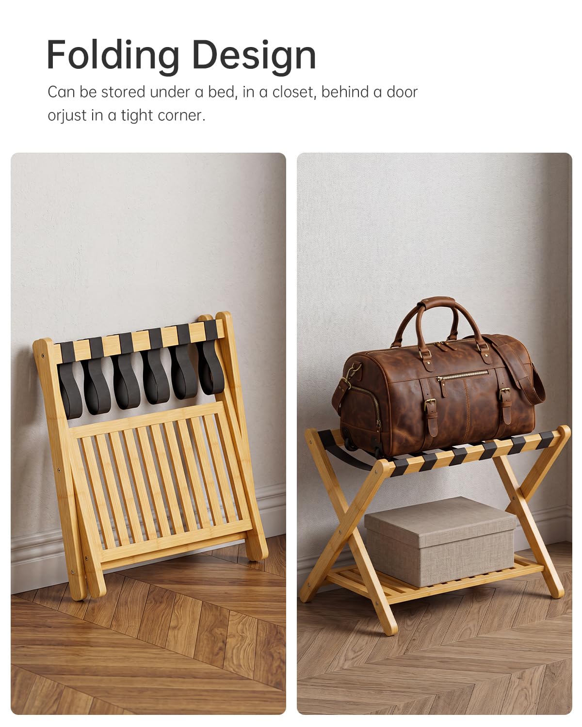 SMIBUY Porte-bagages, support de valise pliable en bambou avec étagère de rangement pour chambre d’amis, chambre, hôtel, robuste (naturel et noir)