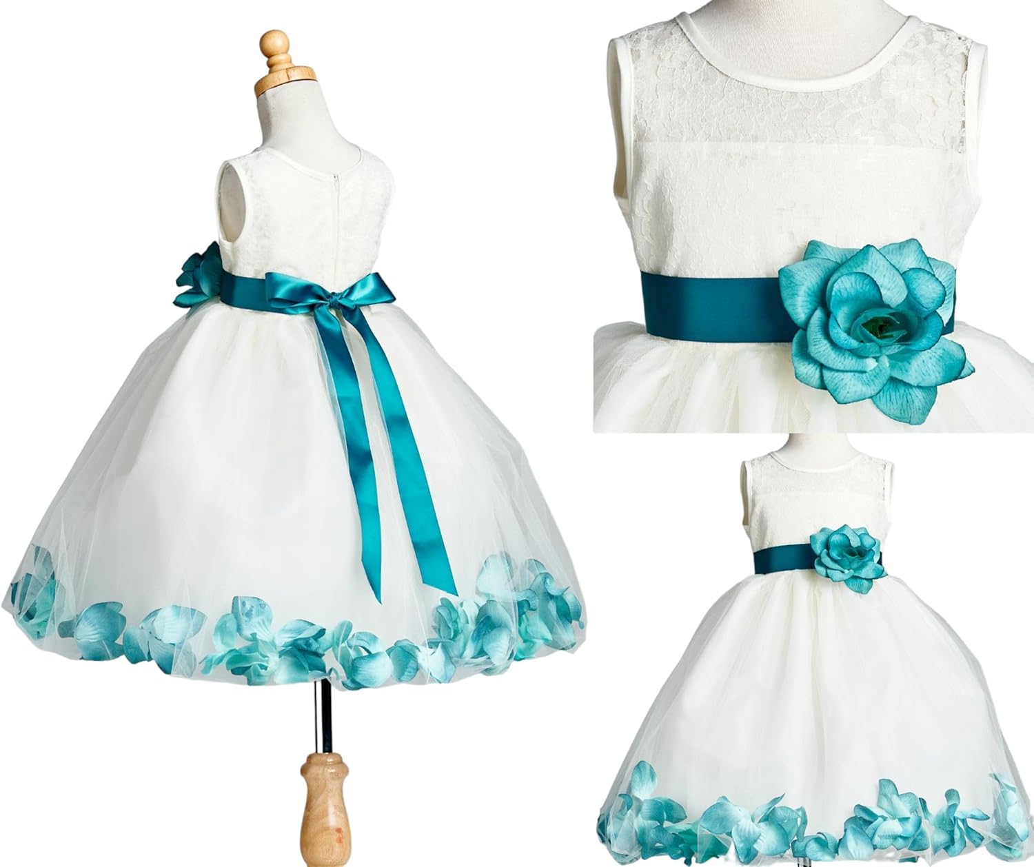 Ivory Lace Rose Petal Tulle Flower Girl Dress Wedding Junior Toddler