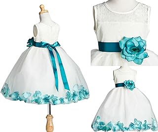 Ivory Lace Rose Petal Tulle Flower Girl Dress Wedding Junior Toddler (4T, Teal Petals & Accessories) - Buy now