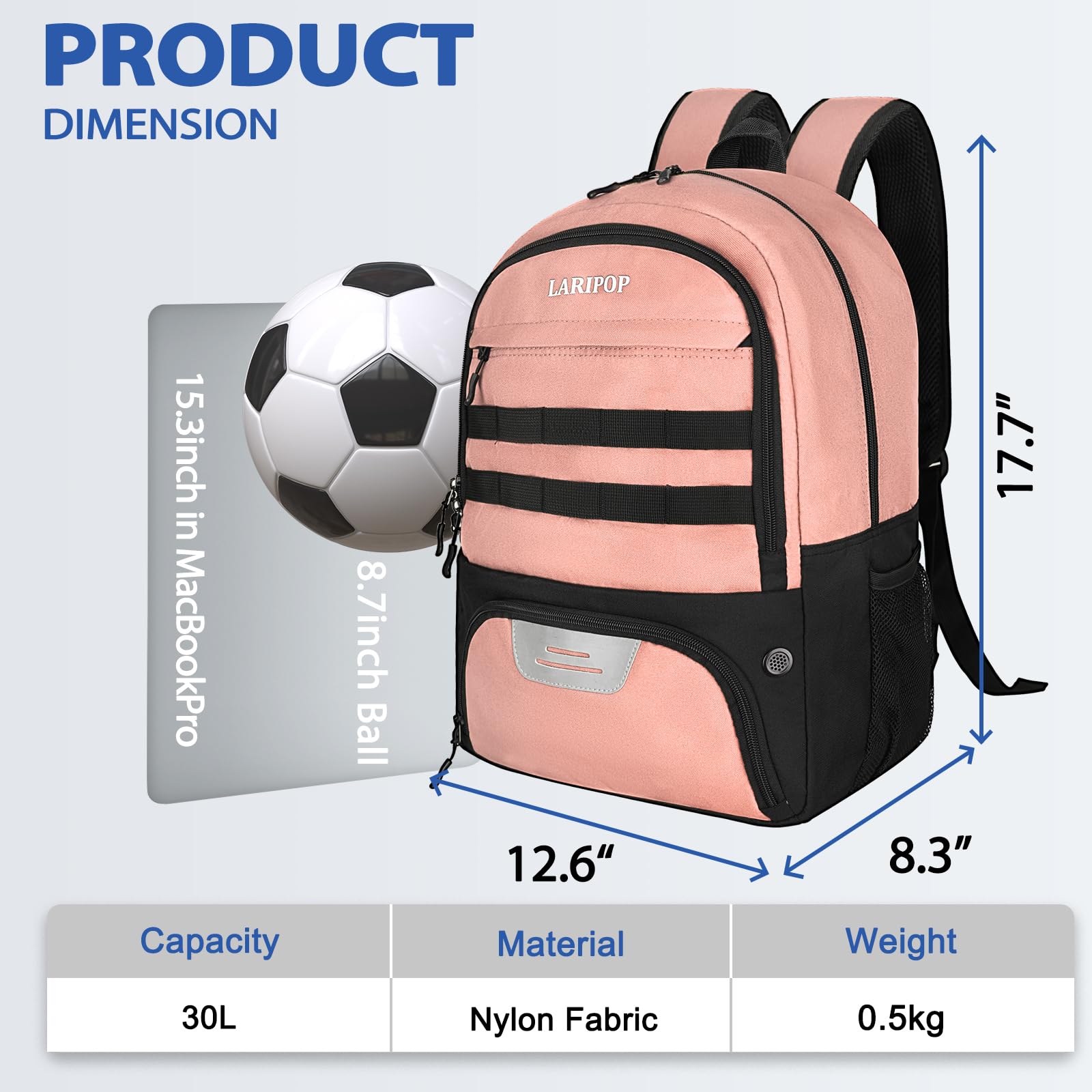 LARIPOP Fußball-Rucksack, Fußballtasche mit Ballhalter und Schuhfach, Sportausrüstung, Trainingstasche für Basketball