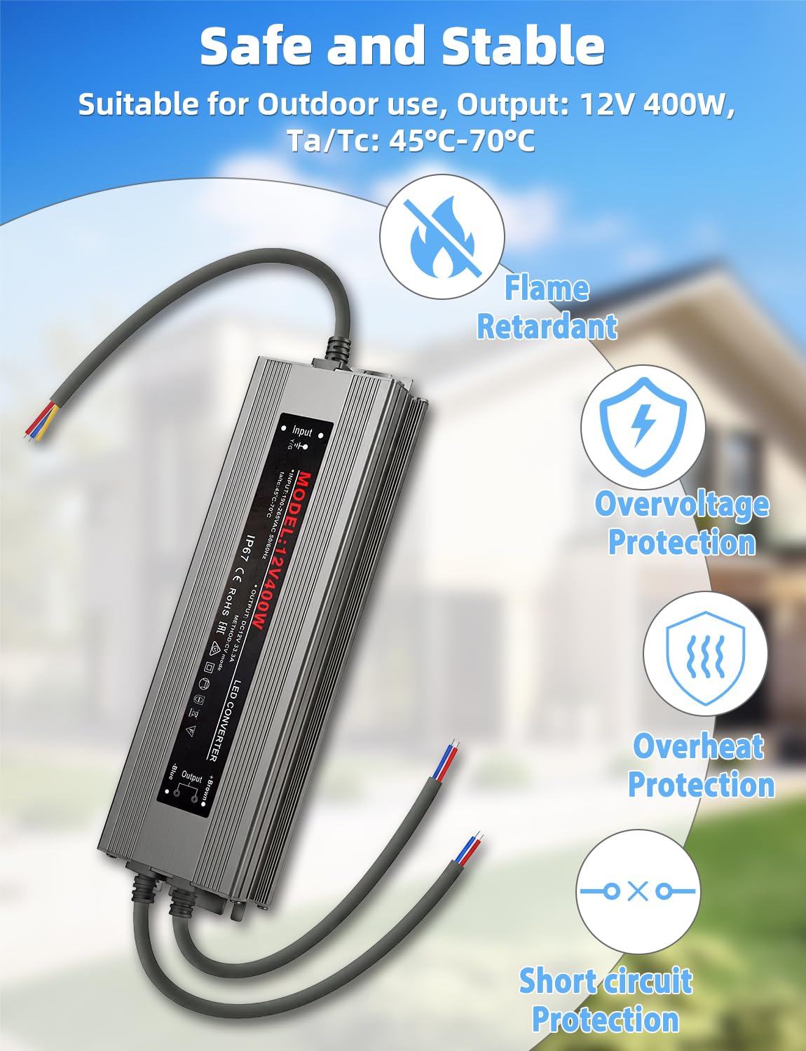 Trasformatore LED da 12 V, 400 W, IP67, impermeabile, senza sfarfallio, alimentatore di rete LED AC 190-265 V 50/60 Hz con 2 uscite, DC 12 V 33,3 A, trasformatore di tensione per strisce LED e strisce