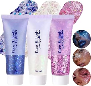 3pcs Body Glitter Set Face Body Gel Sequins Shimmer Liquid Eye Shadow Mermaid Sweats Liquid Holographic Thick Glitter Rave Accessories for Eye Hair Nail