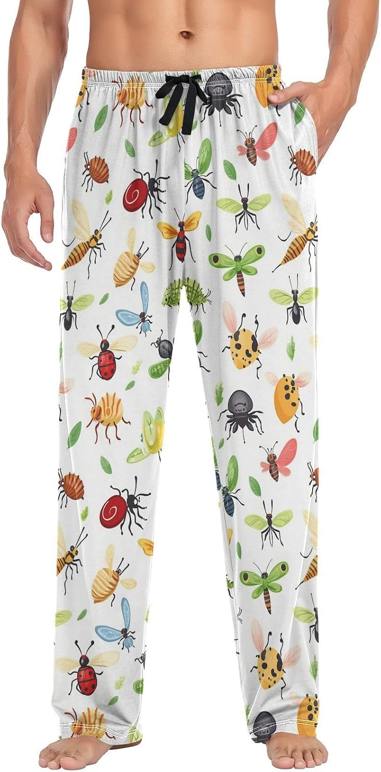 Beetles Colorful Bugs Pajama Pants Funny Animals Men's Pajama Bottoms Lounge Sleepwear PJs Casual Lightweight Sleep Pants M
