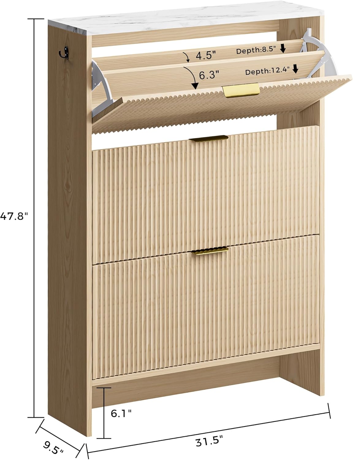 IRONCK Fluted Shoe Cabinet Storage for Entryway with 3 Flip Drawers, Hidden Shoes Storage Cabinet, Narrow Shoe Rack Cabinet, Freestanding Slim Shoe Organizer Cabinet, Wood - Image 2