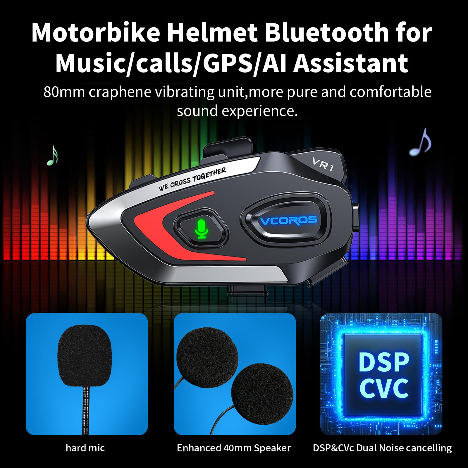 VCOROS Casco Moto Auricolare,VR1 Casco Moto Bluetooth Auricolare per Singola,IPX6 Impermeabile Cancellazione del Rumore per Vivavoce AI Voice Control,Controllo Musica (Hard Mic)