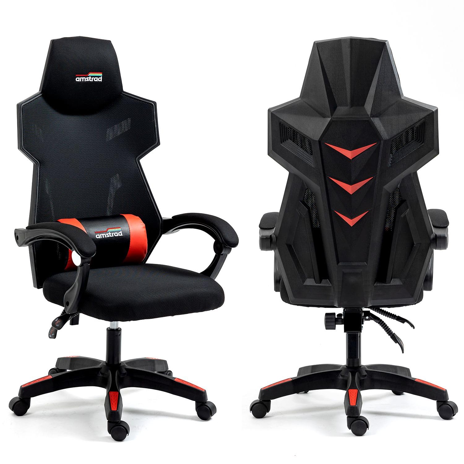 Sedia Gaming da Ufficio, Tessuto a Rete, Schienale Reclinabile 155°, Nero e Rosso, Portata 130 kg
