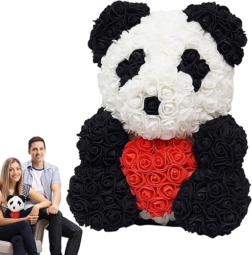 Miniatura 3 de Regalos de oso de flores para San Valentín, oso panda de rosas artificiales con moñodecoración de corazón, muñeca panda hecha a mano para el día de