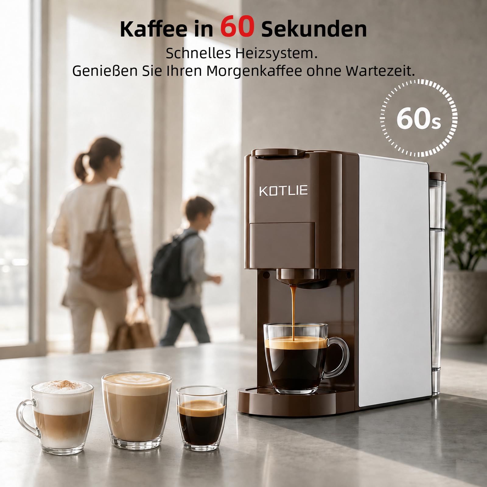 KOTLIE Kaffeemaschine, 4-in-1-Kaffeemaschine für NES/DG/Kaffeepulver/ESE(44mm),19 Bar,800ml