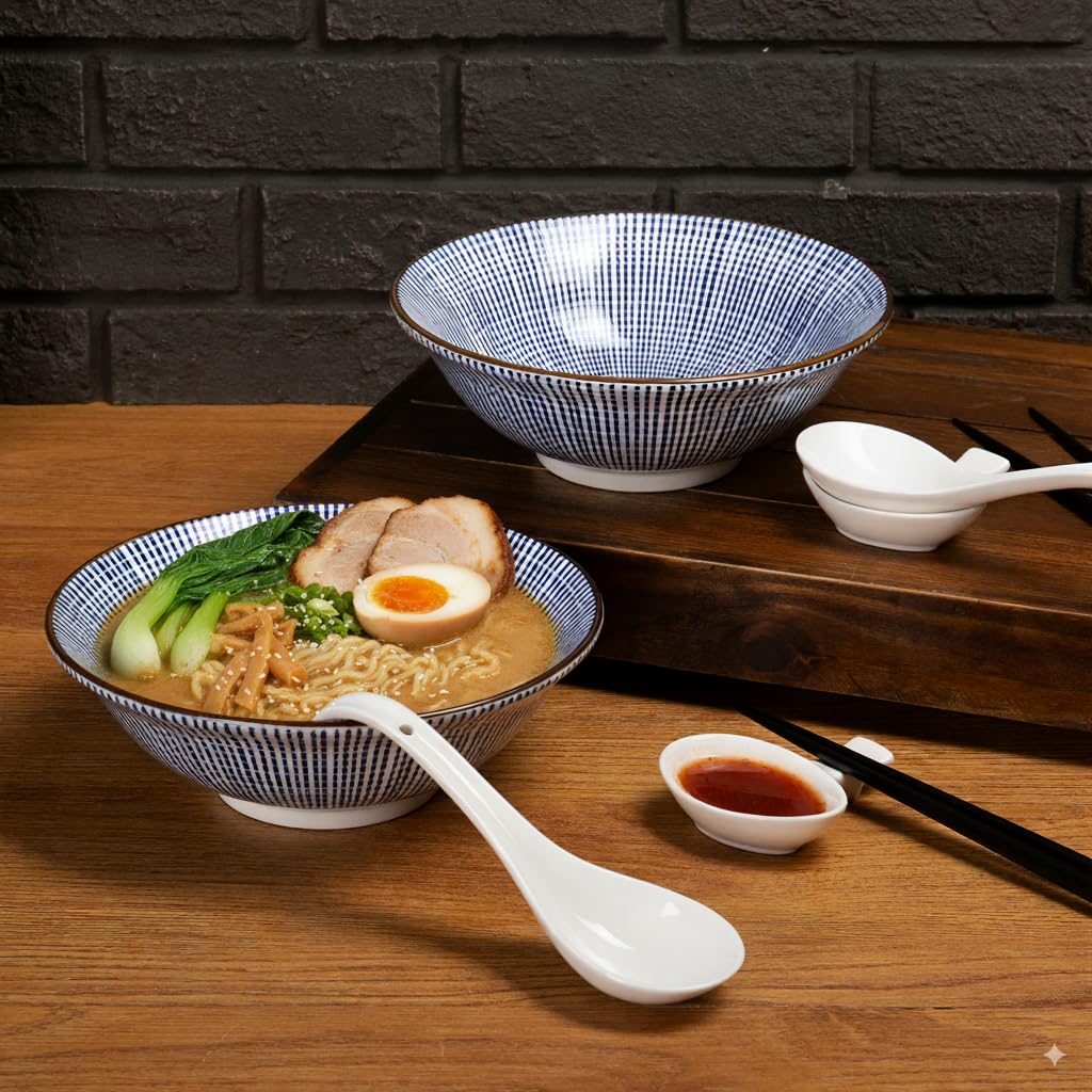 Ramen-Schüssel Set Aus Keramik - 2x 1200ml Mit Stäbchen & Löffeln - Pfauenschwanz Design