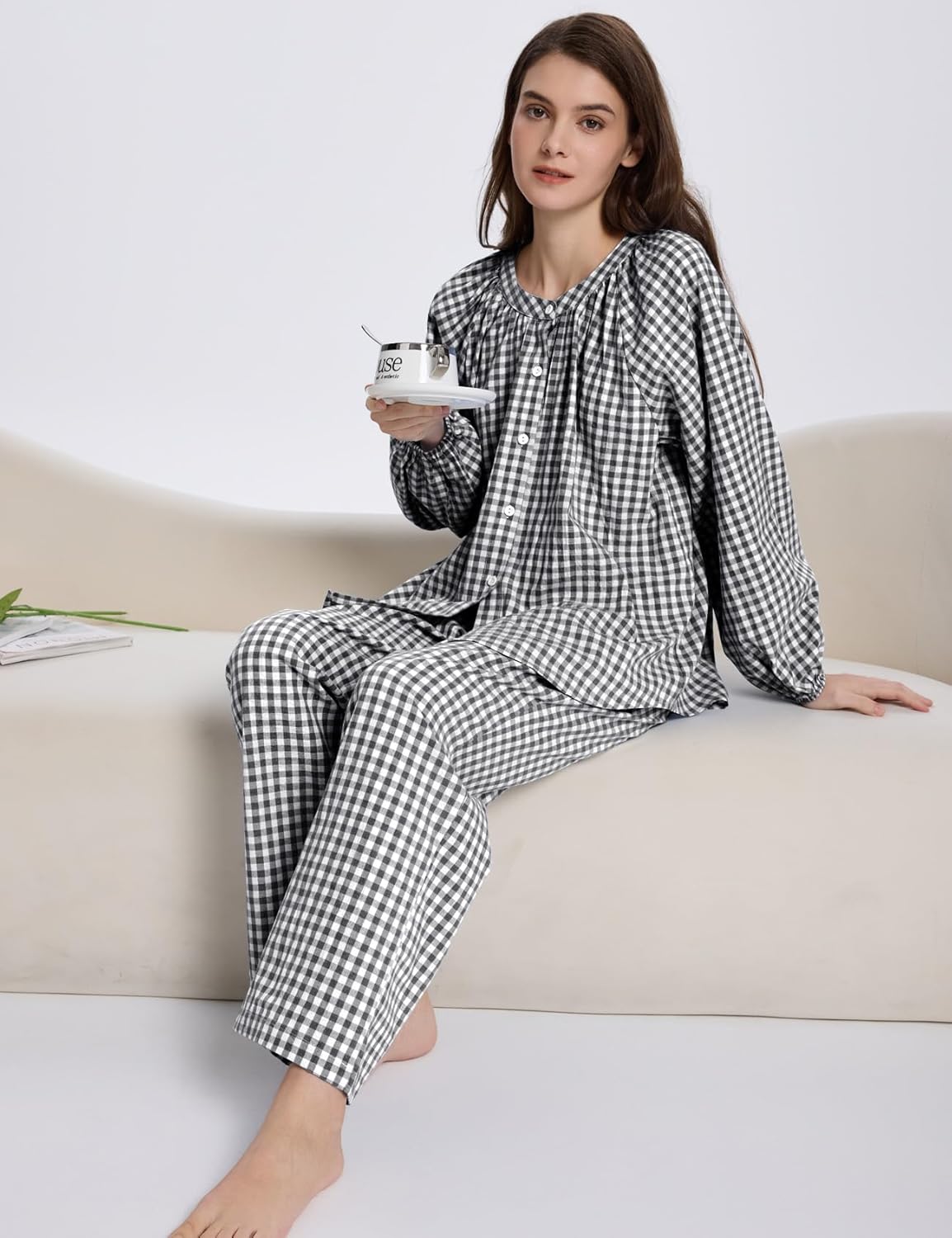COZYPOIN Womens Gingham Pajama Set 2 Piece Cotton Plaid Button Down Puff Sleeve Shirt and Pants Lounge Set Cute Sleepwear - Image 5