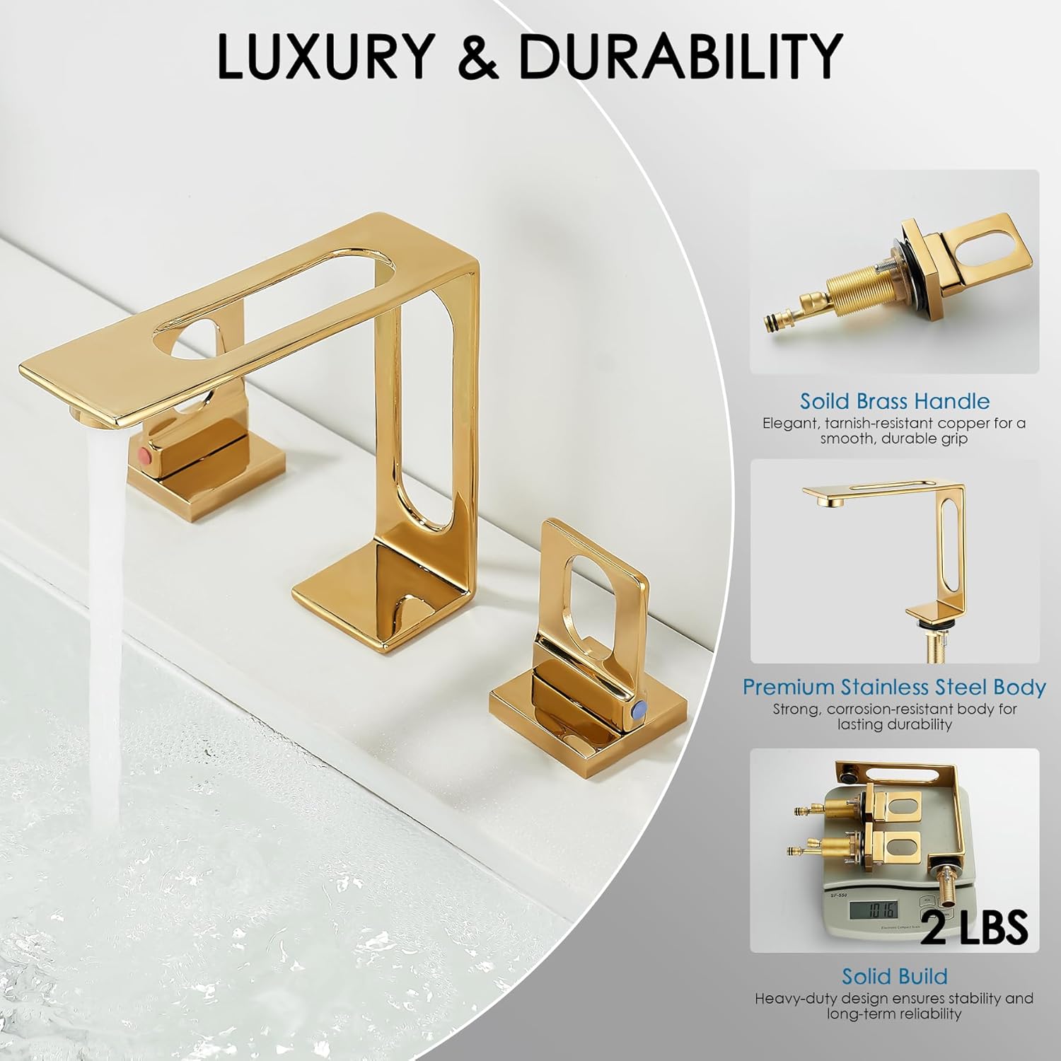 BAKALA Gold Bathroom Sink Faucet 3 Hole, 8-Inch Widespread Bathroom Faucet with 2 Water Supply Hoses, Hollowed Design - Image 4