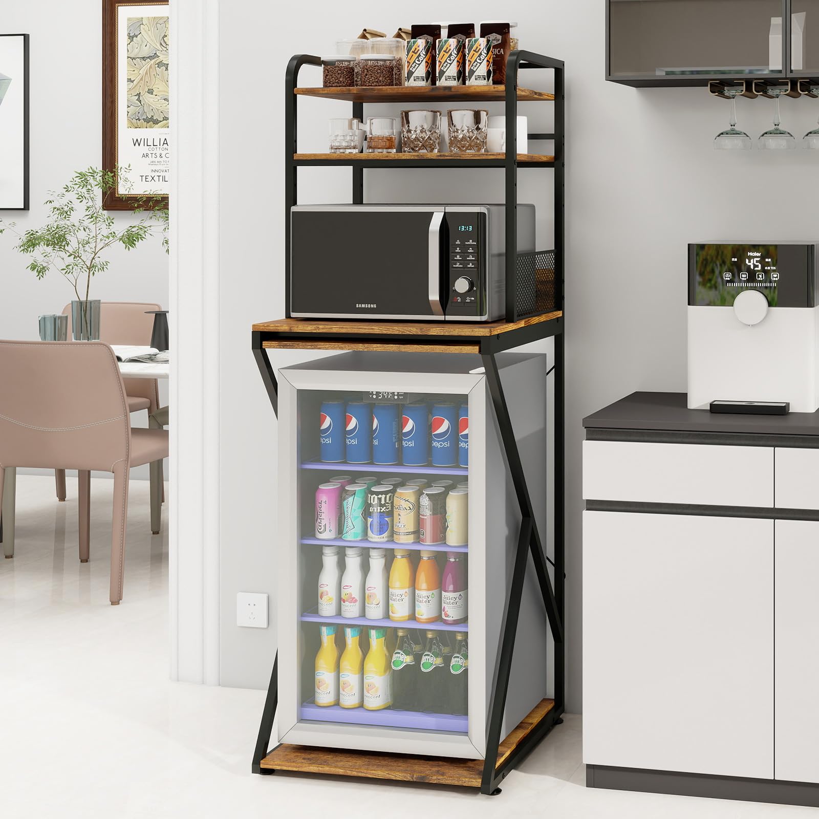 PUNCIA Gabinete de bar de café con mini nevera, soporte para nevera de vino, con plataforma de trabajo temporal, organizador de almacenamiento para microondas, estante para el hogar, oficina