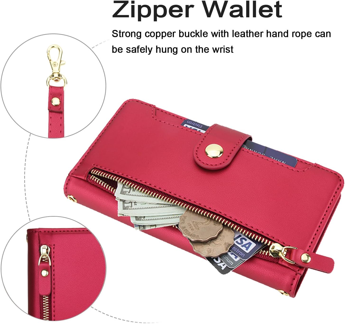 Asuwish Phone Case for iPhone 15 Plus 6.7 inch Zipper Wallet Cell Cover, with Tempered Glass Screen Protector and Crossbody Wrist Strap, Credit Card Holder i Phone15 15+ i15 + 15Plus Women Girls Red