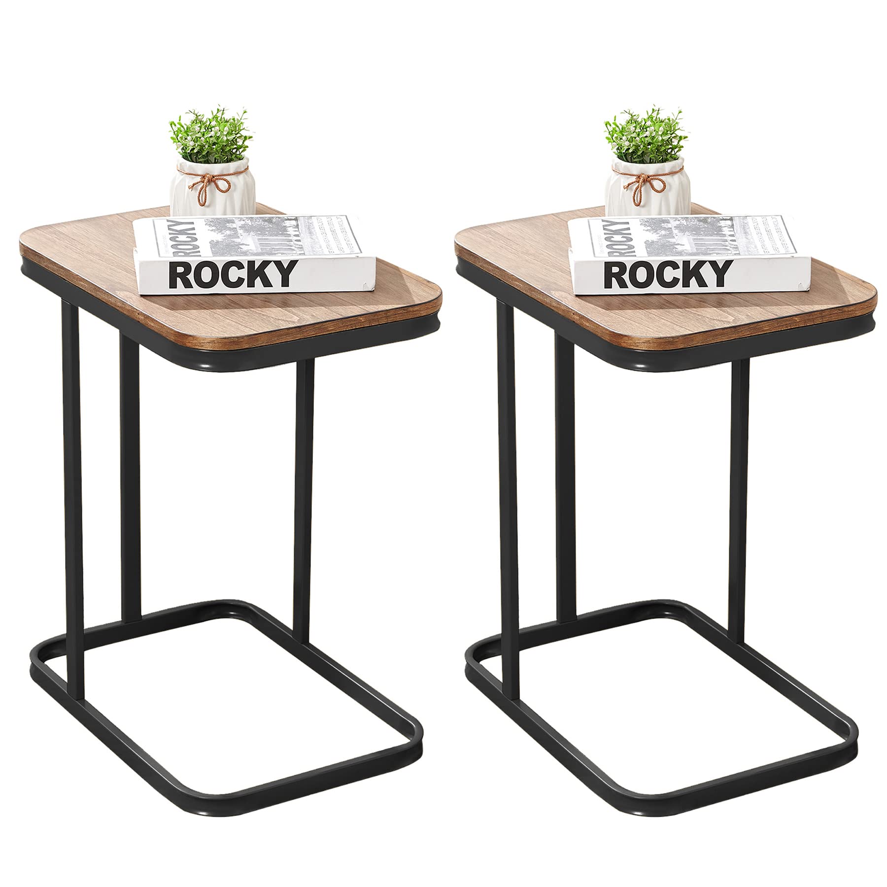 Nathaniel Home 23" H, C-Shaped Sofa Side Modern-Glam nightstand, End Snack Table with Metal Frame, Laptop Coffee Holder for Living Room Small Space, 2 Set-Black/Oak