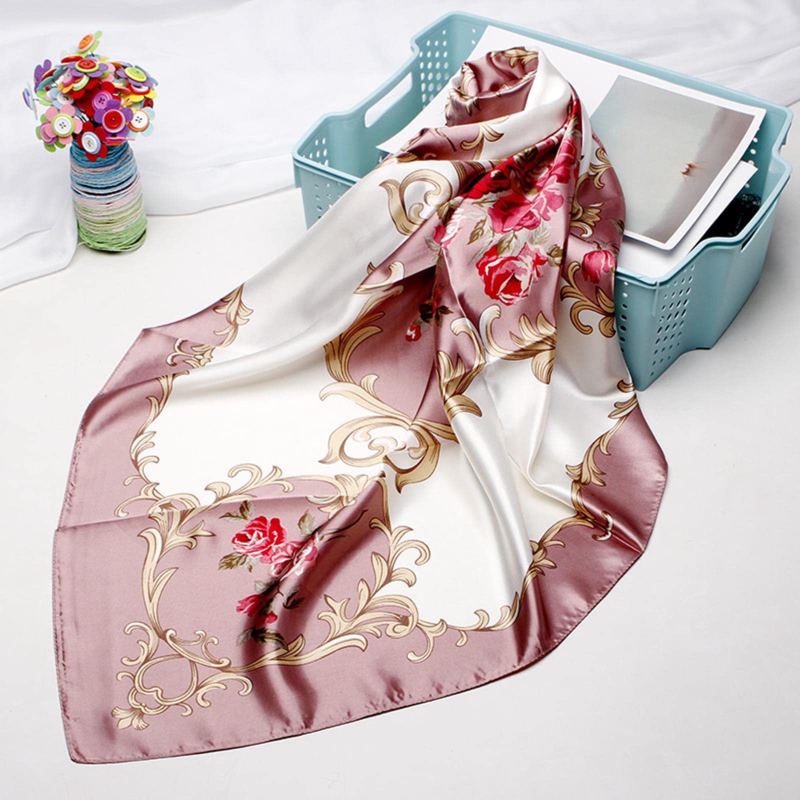 Bufanda Moda Estampado Floral Pañuelo para el Cabello para Mujer Pañuelo Seda Satén Hijab Bufandas 90 * 90Cm Chal Cuadrado Diadema Bufandas para Damas (Azul Cielo 90X90cm)