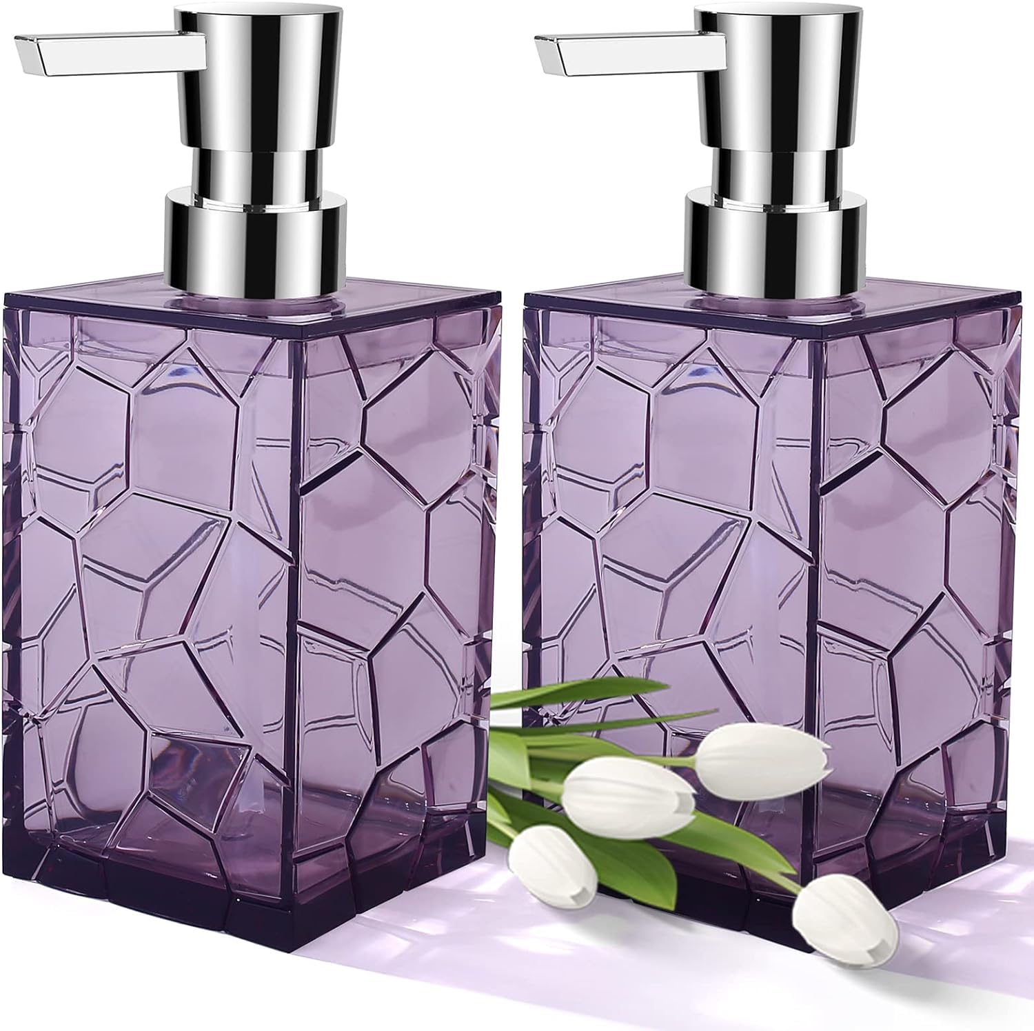 2 Pack Hand Soap Dispenser Set, Clear Acrylic Plastic Liquid Pump Bottles Refillable Lotion Dispenser for Bathroom Decor Kitchen College Dorm (Purple)