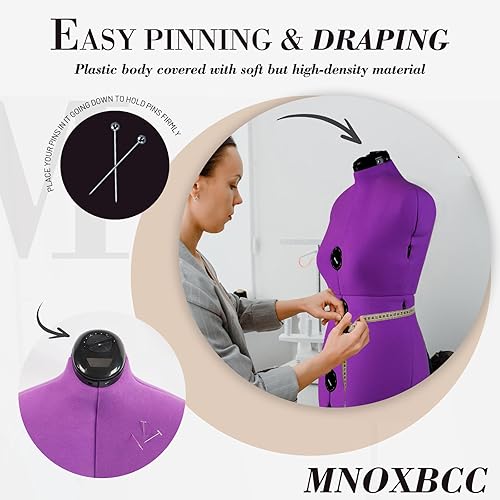 Miniatura 3 de MNOXBCCO Formularios de vestido para costura, maniquí femenino morado ajustable tamaño 12-18, cuerpo de modelo con 13 diales y guía de dobladillo de