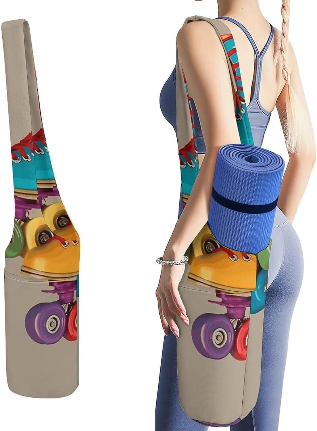 Retro Colorful Roller Skates Yoga Mat Bag Yoga Backpack Multi Pocket Exercise Yoga Mat Carrier Multi-Functional Storage Bag for Pilates Beach Travel And Everyday Use