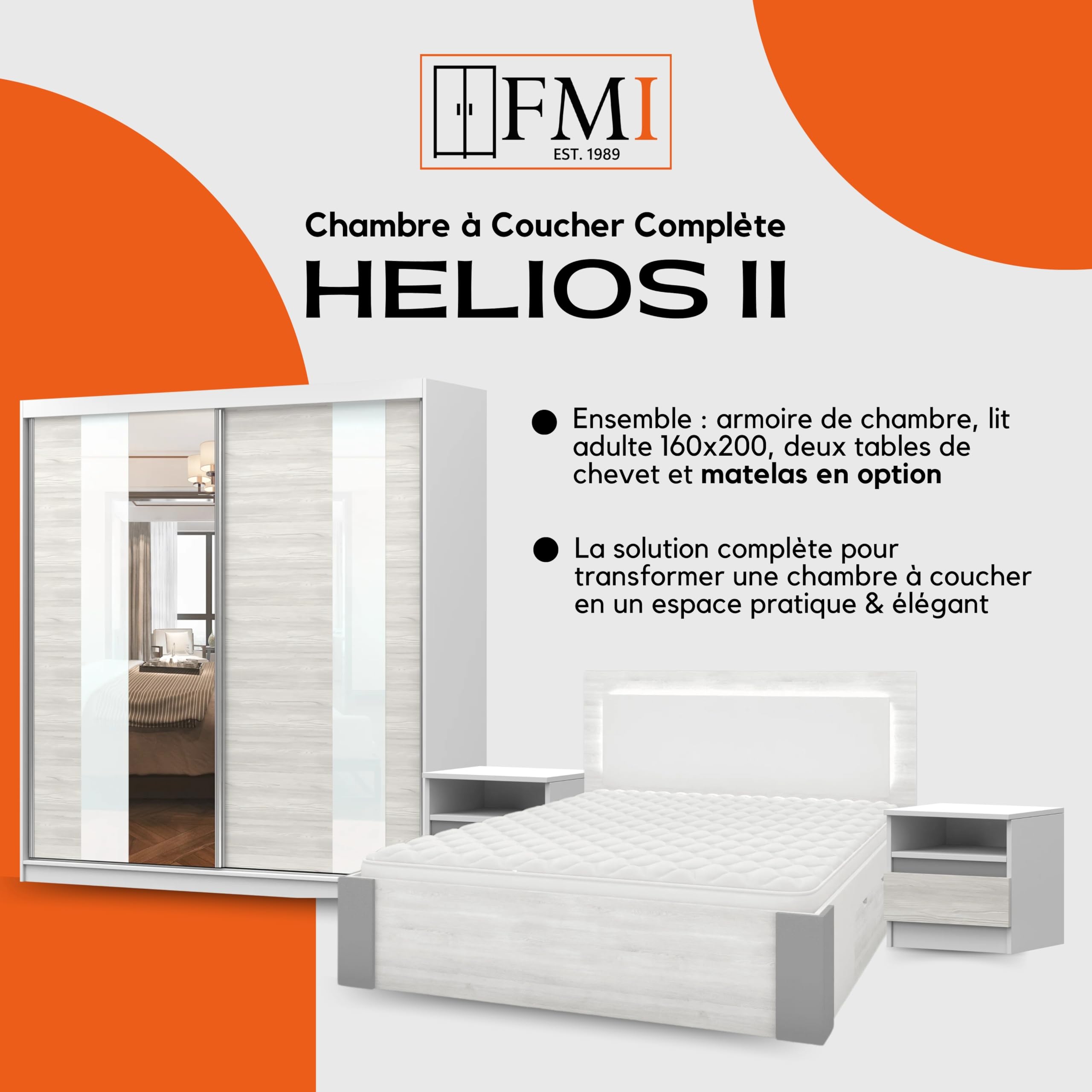 Hellios II - Chambre à Coucher Adulte Complète Avec lit 160x200 Avec Matelas, 2 Tables De Chevet, Armoire Avec Portes Coulissantes L:183 x H:218 x P:61 cm, Fancy - Blanc/Kathult+Gris