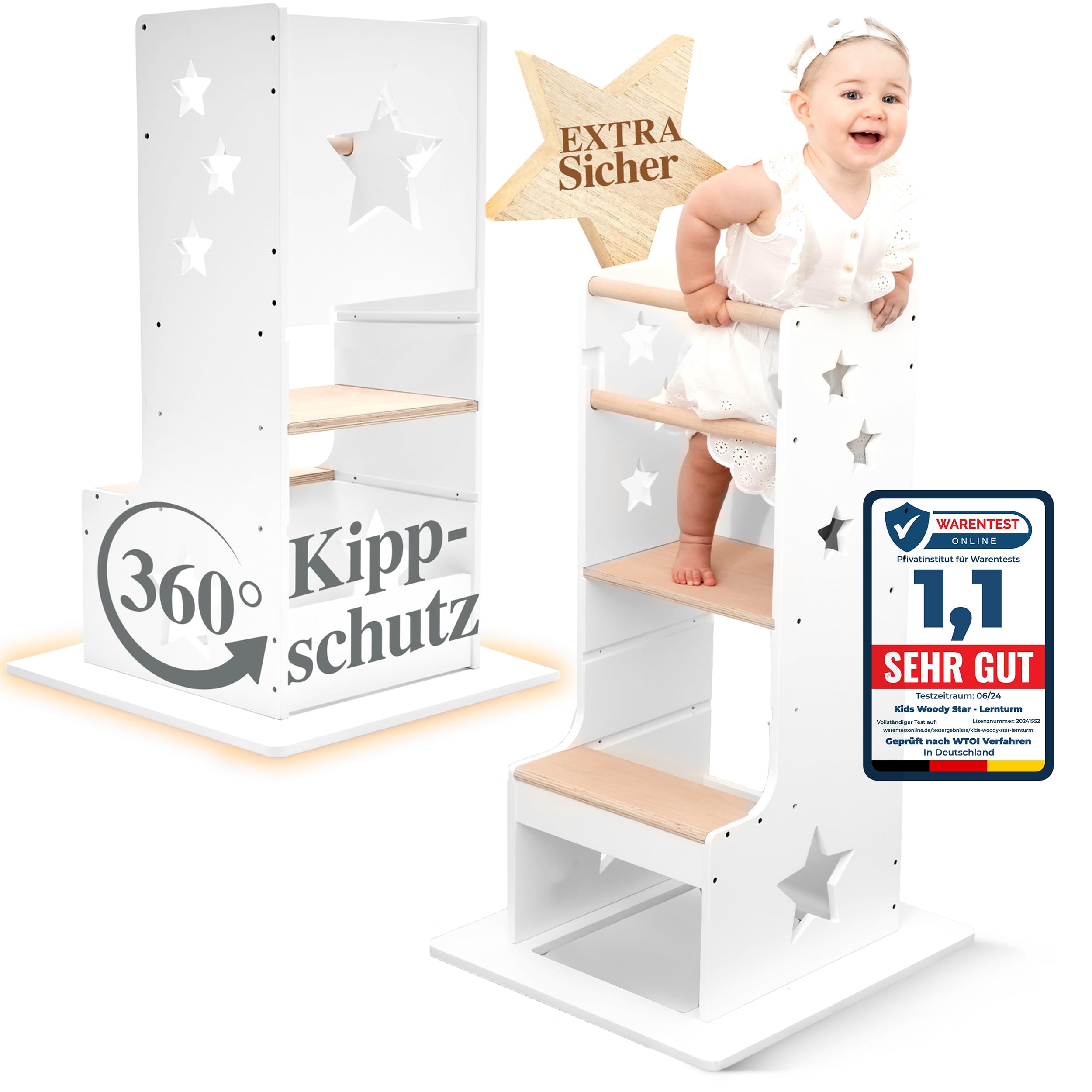 Kids Woody Star® Lernturm ab 1 Jahr [360° KIPPSCHUTZ] Höhenverstellbar Learning Tower Lernturm Montessori | Tritthocker Kinder | Schemel Lernstuhl Lerntower | Holz/Weiß