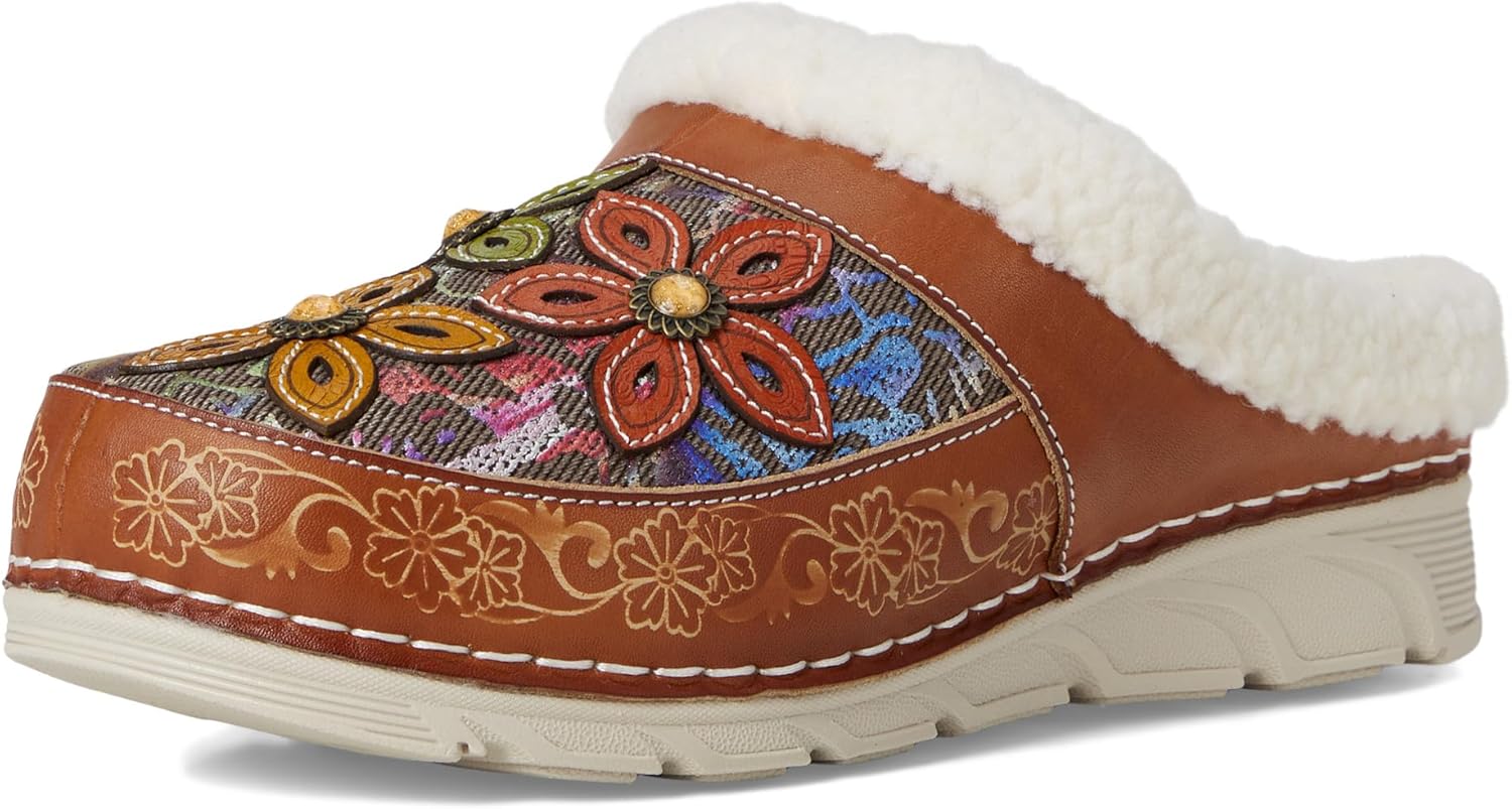 Spring Step L'Artiste Honestela Women’s Embossed Leather Clogs with Tapestry Upper - Sherpa Lined Slip-On for Warmth and Cushioned Wedge Heel Comfort Clog - Image 2