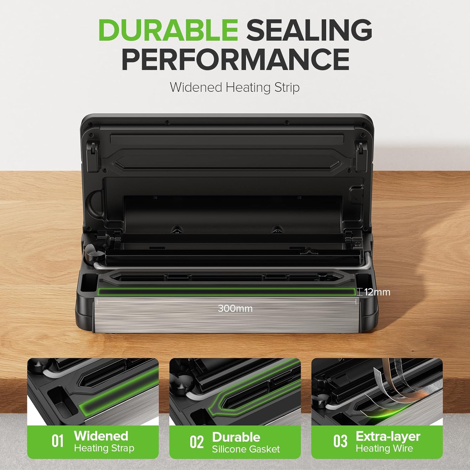 95kPa Vacuum Sealer Machine, Fully Automatic Food Sealer, Touch Display, 10-in-1 Functions & Powerful Sealing System with Double Heat Seal, Easy-Lock Handle, Built-in Cutter(Black) - Image 4