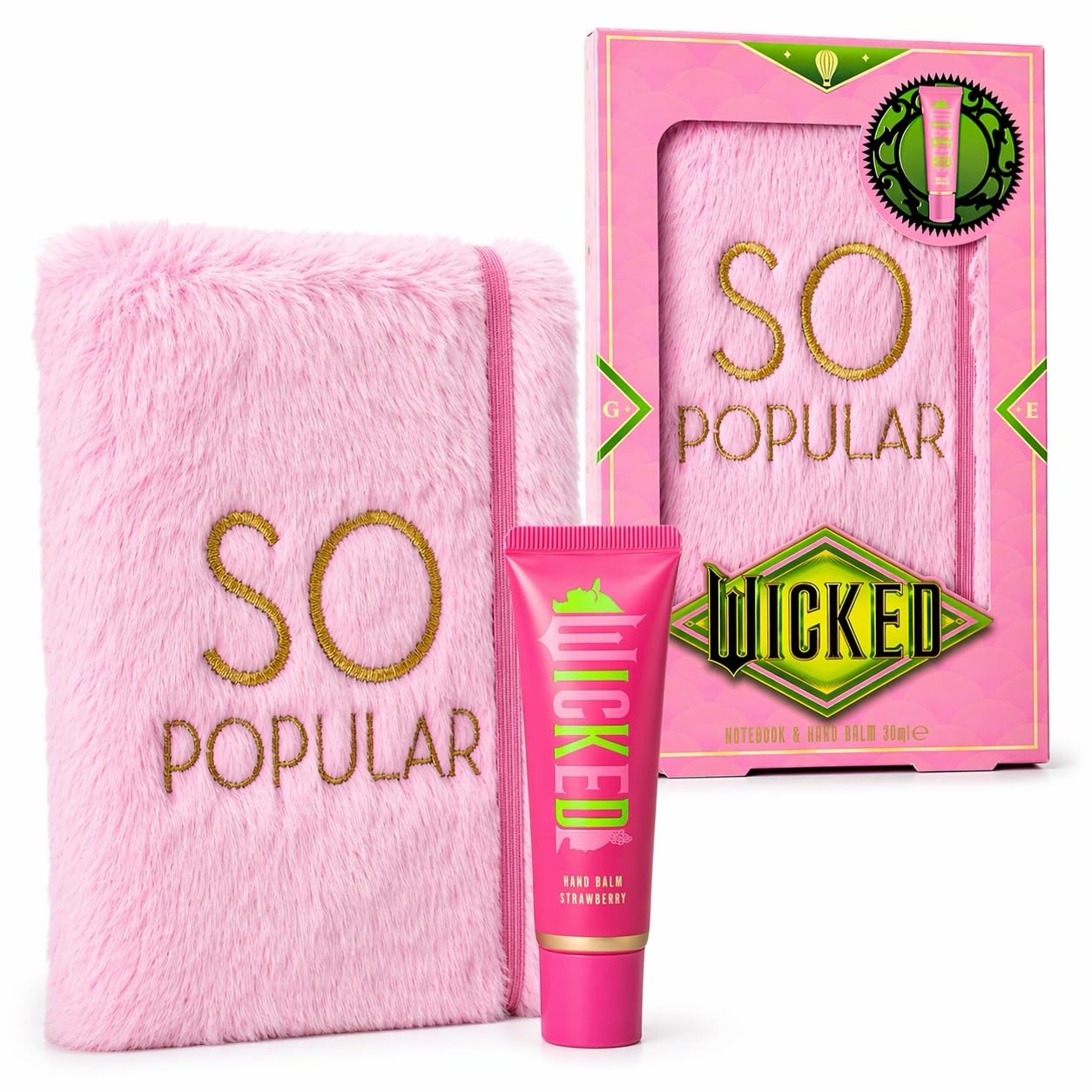 Corsair Toiletries Wicked So Popular Gift Set, Pink Furry Notebook with Hand Balm, Official Merchandise