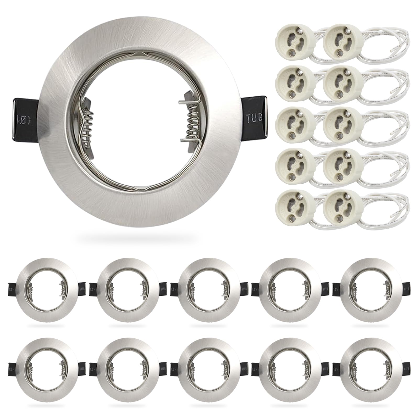 HiBay 10x Recessed Spot Ceiling Lights LED Downlights GU10 Brushed Chrome Downlight Round Recessed Lighting Indoor 240V, 78mm Outer Diameter, 65-68mm Cut-Out Holes, Without Bulb — image 1