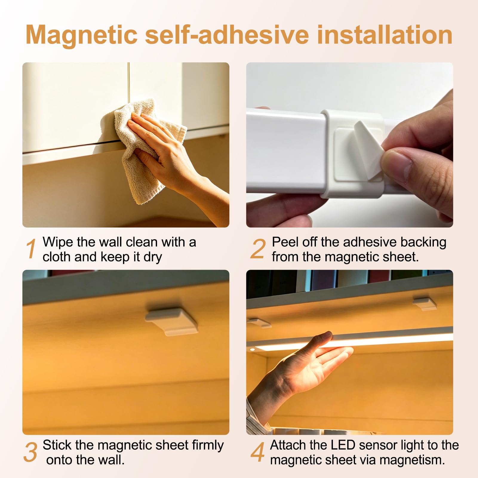 Confezione da 4 luci LED ricaricabili con sensore di movimento, stick magnetico a LED ultra sottile, dimmerabile senza fili, luci da cucina per scale, armadio, stanza (bianco)