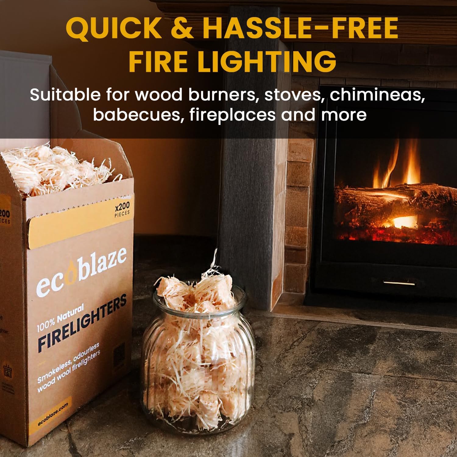 200 Firelighters - Ecoblaze Natural Firelighters | Fast lighting & Odourless, Fire Lighters For Wood Burners & BBQ Ovens, Stoves & Fireplaces - 3