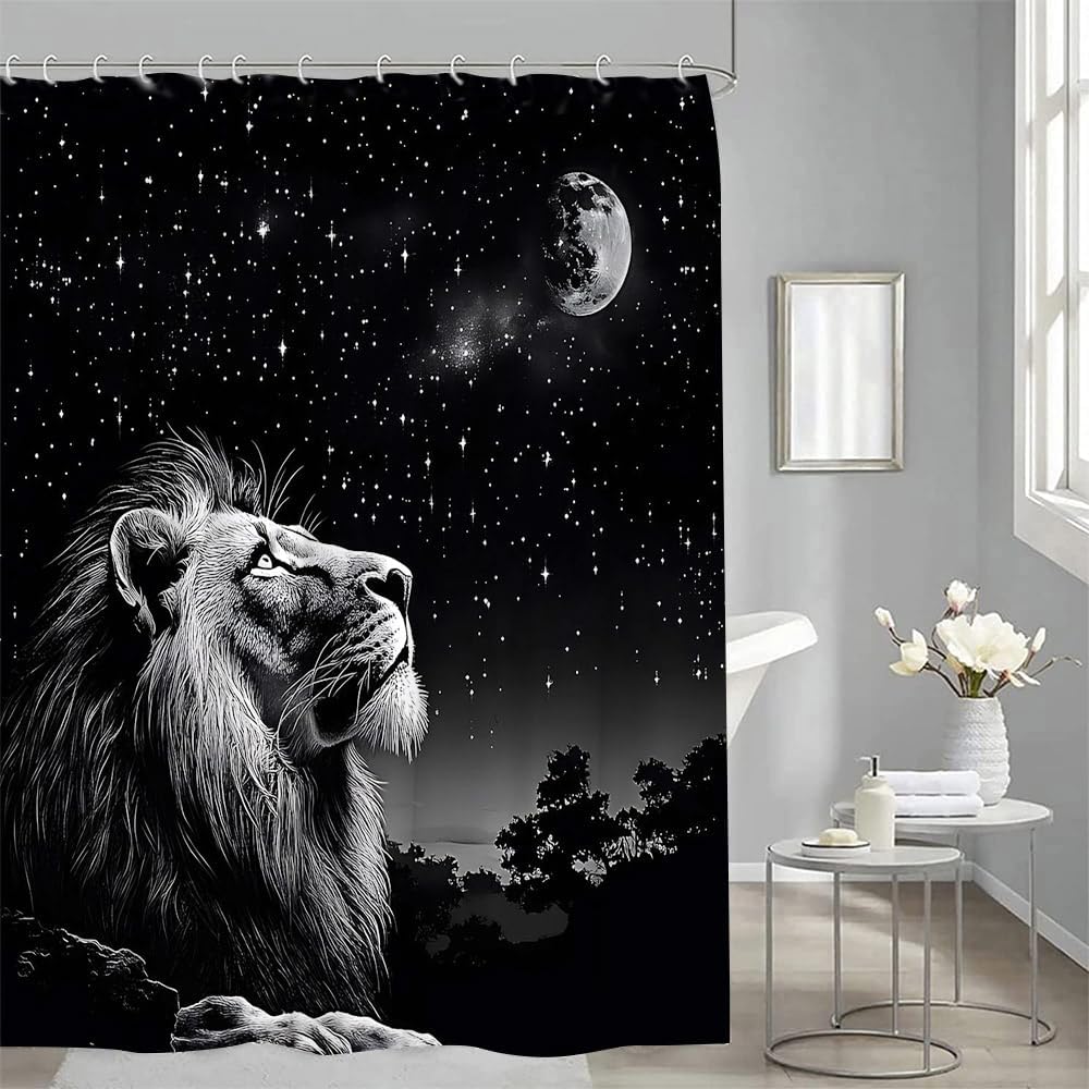 Black White Lion Shower Curtain African Wildlife Powerful Animal Fantasy Starry Sky Boys Teens Men Bathroom Decor Curtains Set with Hooks, 70" W x 86" H