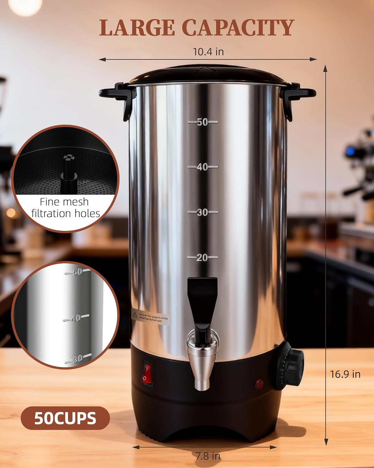 Xeoca Commercial Coffee Urn, 50 Cup Coffee Maker and Hot Water Urn, 1500W Fast-Brewing Percolator for Business, Parties, Catering, and Large Gatherings (50 Cups)