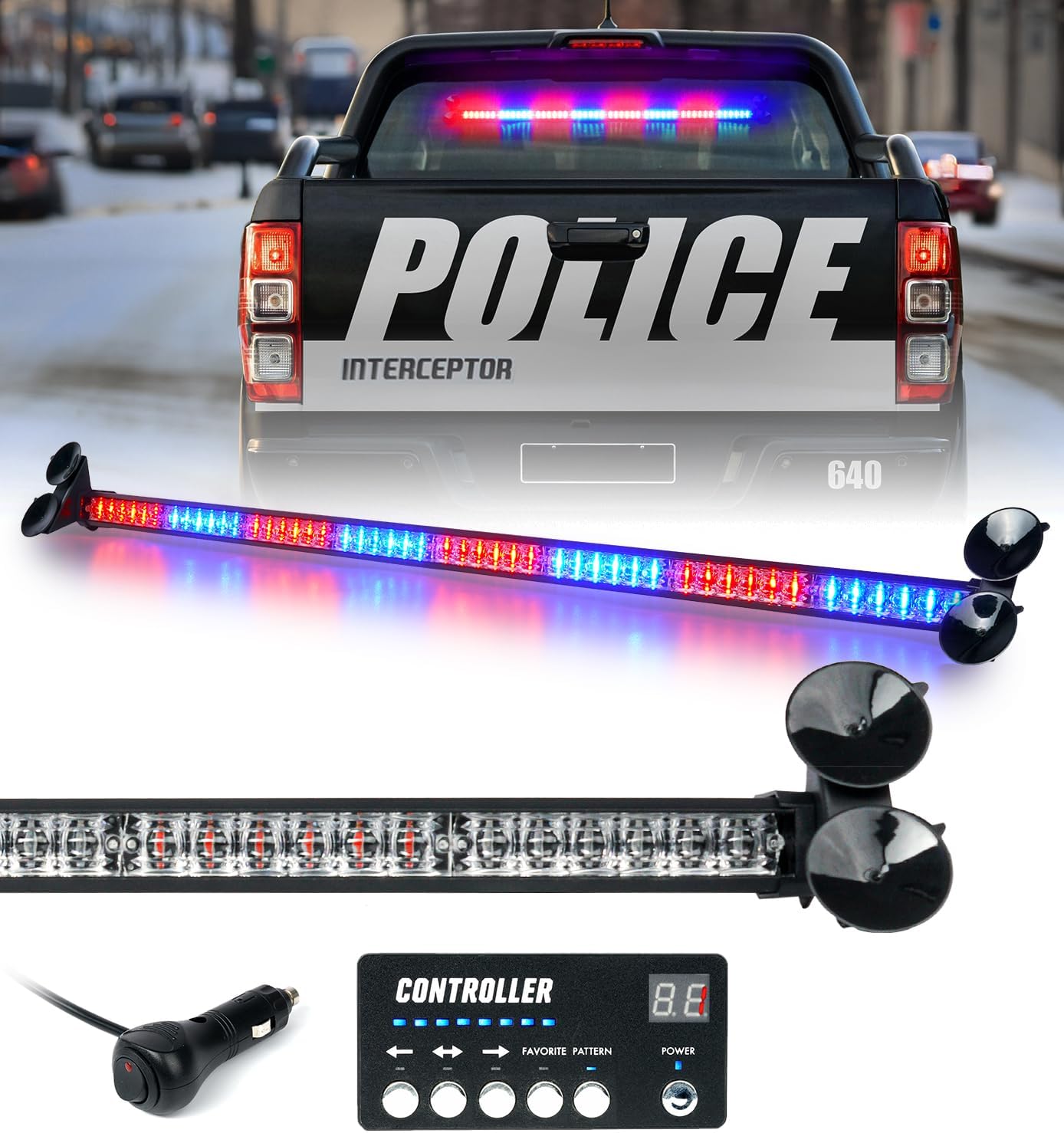 LUMENIX 35.5 Inch LED Traffic Advisor Strobe Light Bar w/Controller Rear Windshield Window Flashing Warning Directional Emergency Lightbar for Police First Response Security Vehicles Trucks- Blue Red