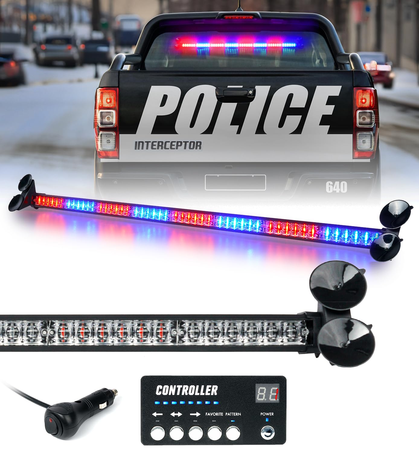 LUMENIX 35.5 Inch LED Traffic Advisor Strobe Light Bar w/Controller Rear Windshield Window Flashing Warning Directional Emergency Lightbar for Police First Response Security Vehicles Trucks- Blue Red