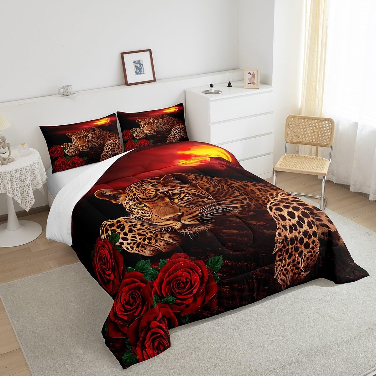 Feelyou Sunset Bedding Set Leopard Comforter for Kids Adult Red Rose Floral Cheetah Print Comforter Set Wild Animal Duvet Set Luxury Room Decor 3Pcs with 2 Pillow Case Full Size Boys - Image 4