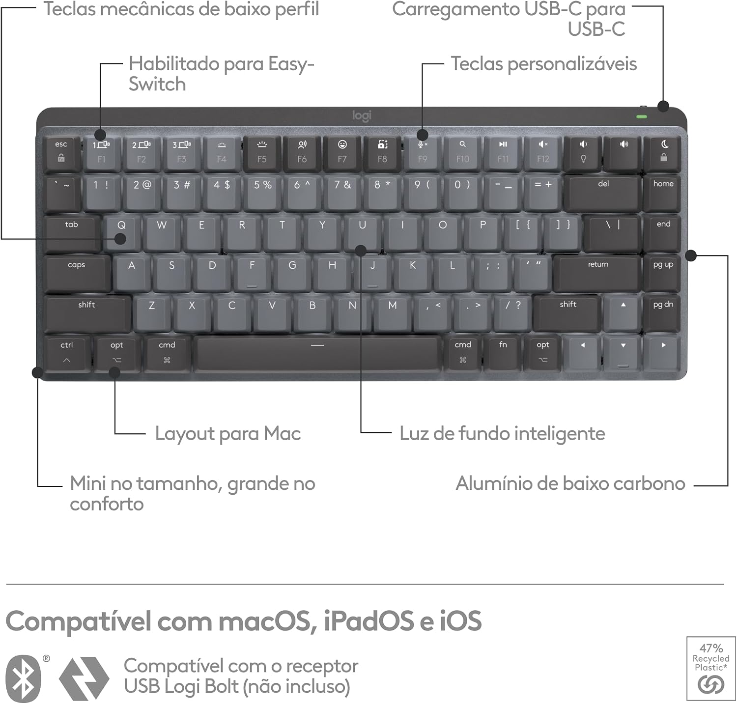 Teclado Mecânico sem fio Logitech MX Mechanical Mini com Teclas Retroiluminadas Tactile Quiet, Conexão USB ou Bluetooth Easy-Switch para até 3 dispositivos e Bateria Recarregável