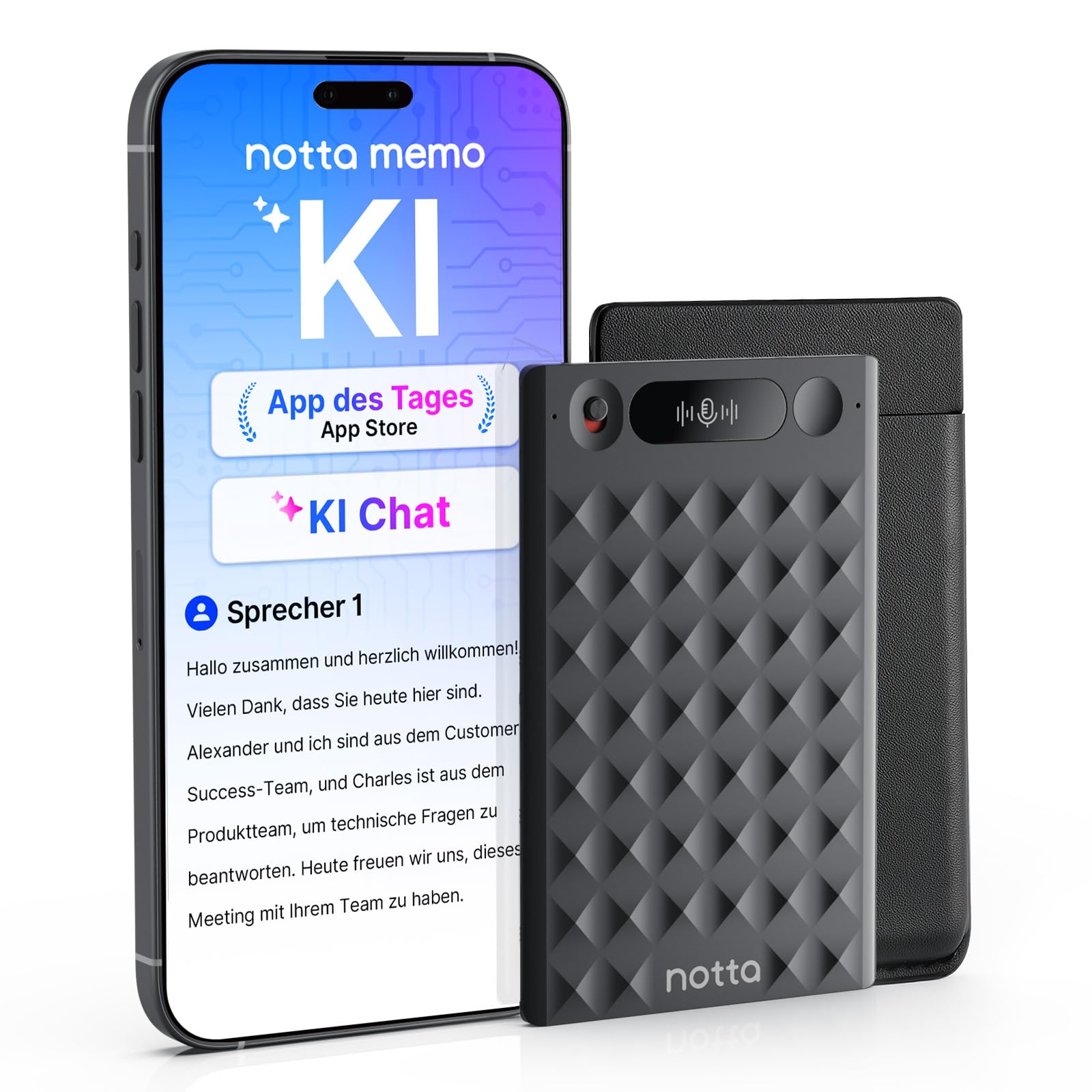 KI-Sprachrecorder, Notta Memo Digitales Diktiergerät mit Etui, KI-Transkription & Zusammenfassung in 58 Sprachen, 2000h Speicher, EIN-Knopf-Aufnahme für Anrufe, Meetings, Interviews, Vorlesungen