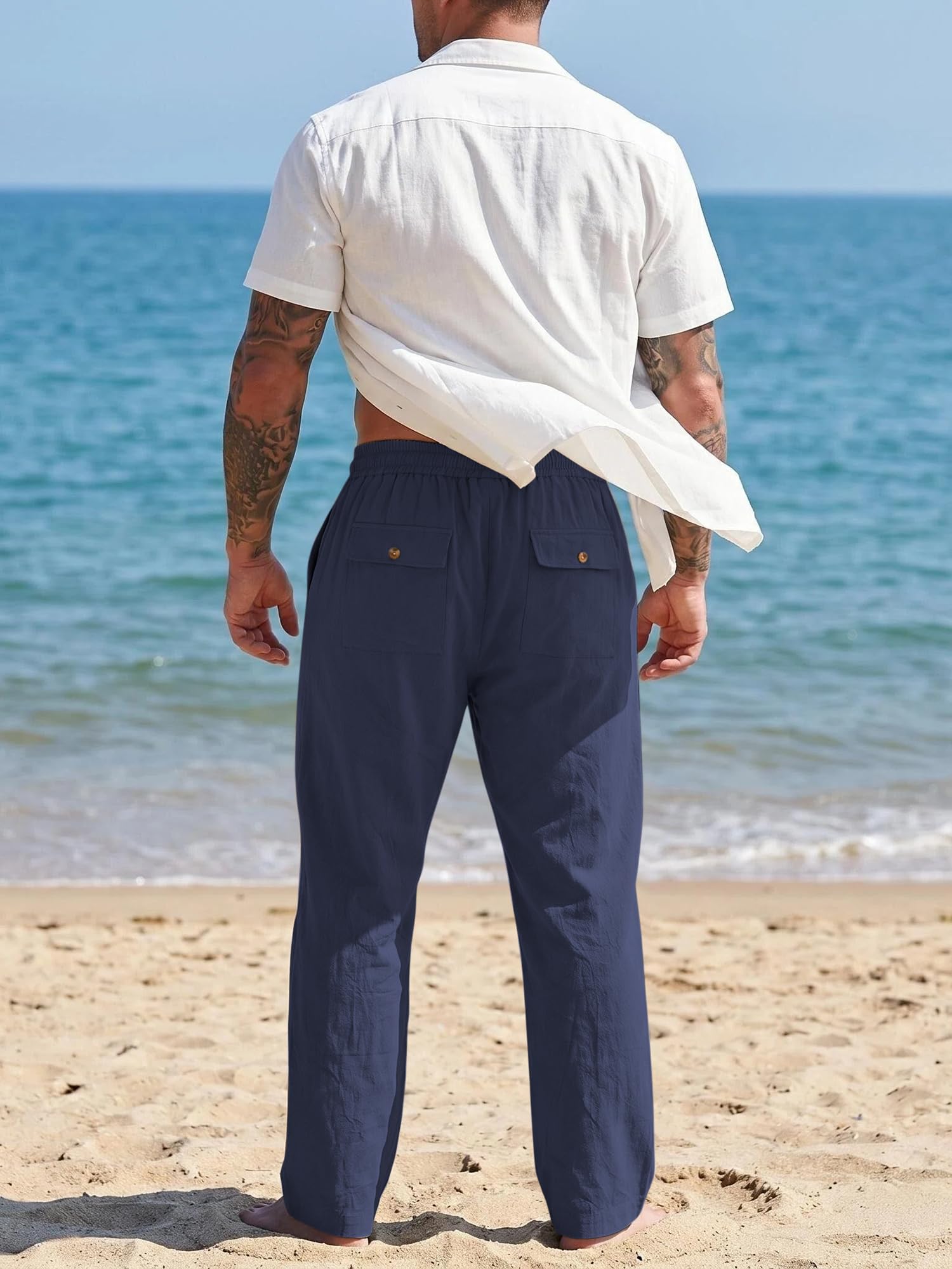Pantalones de lino para hombre, casuales, de verano, para playa, cintura elástica, con cordón, ligeros, con bolsillos