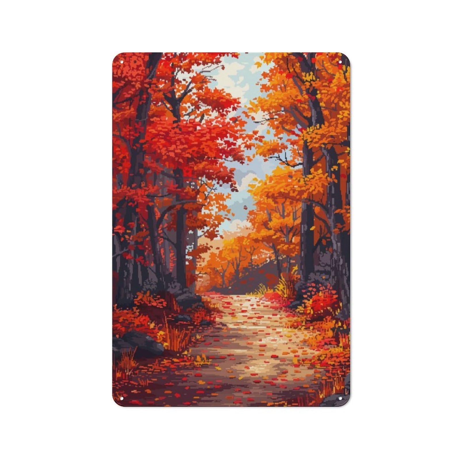 Junmoney Fall Color Trees Pixel Art Metal Plaque 30X20cm With For Hallway Wall, Retro Decor, For Wall Display Collectors