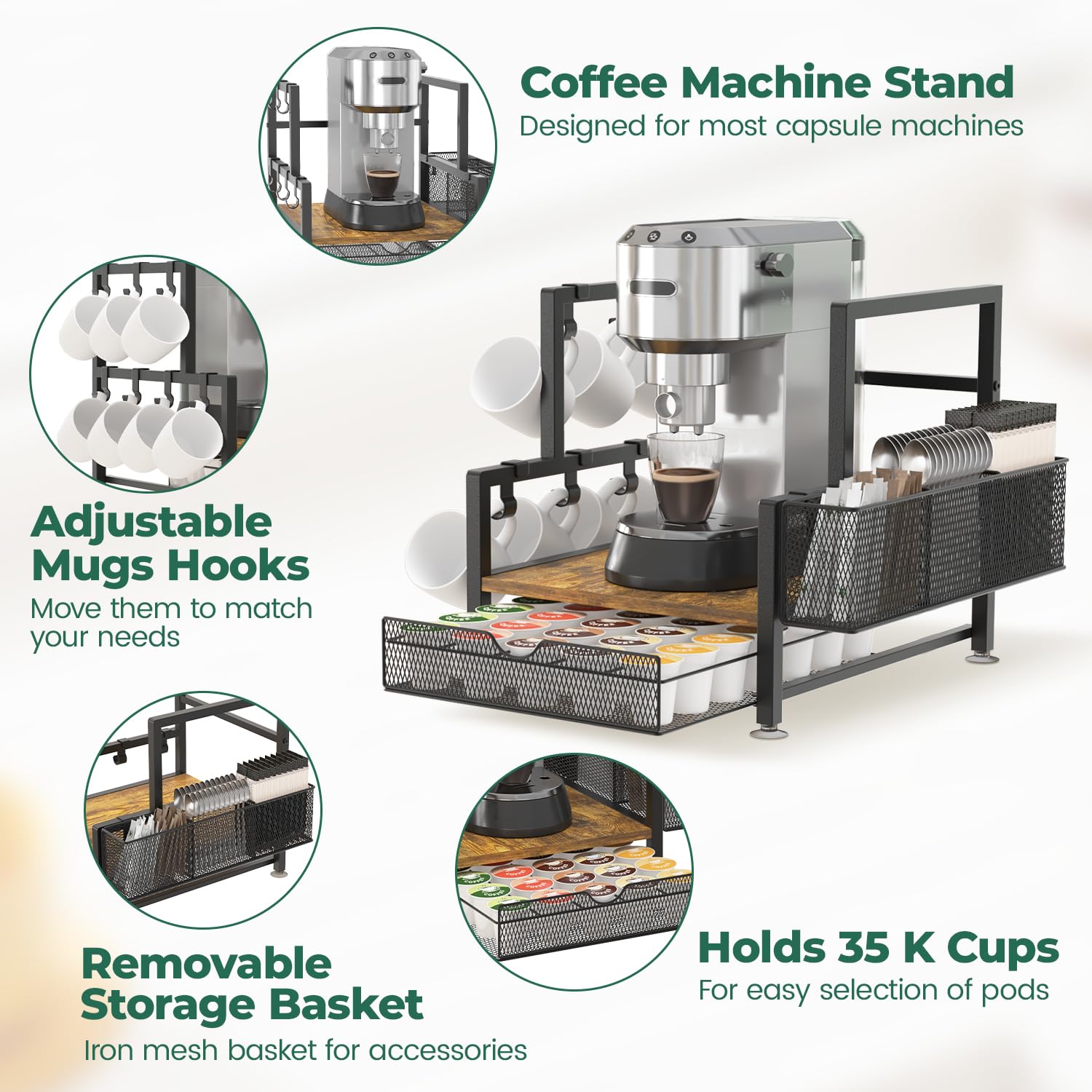 EsLuker.ly Organizer per stazioni da bar con cassetto per tazze K, con 7 ganci per tazze, per piano di lavoro, supporto per macchina da caffè in legno, per casa e ufficio, salvaspazio, per gli amanti