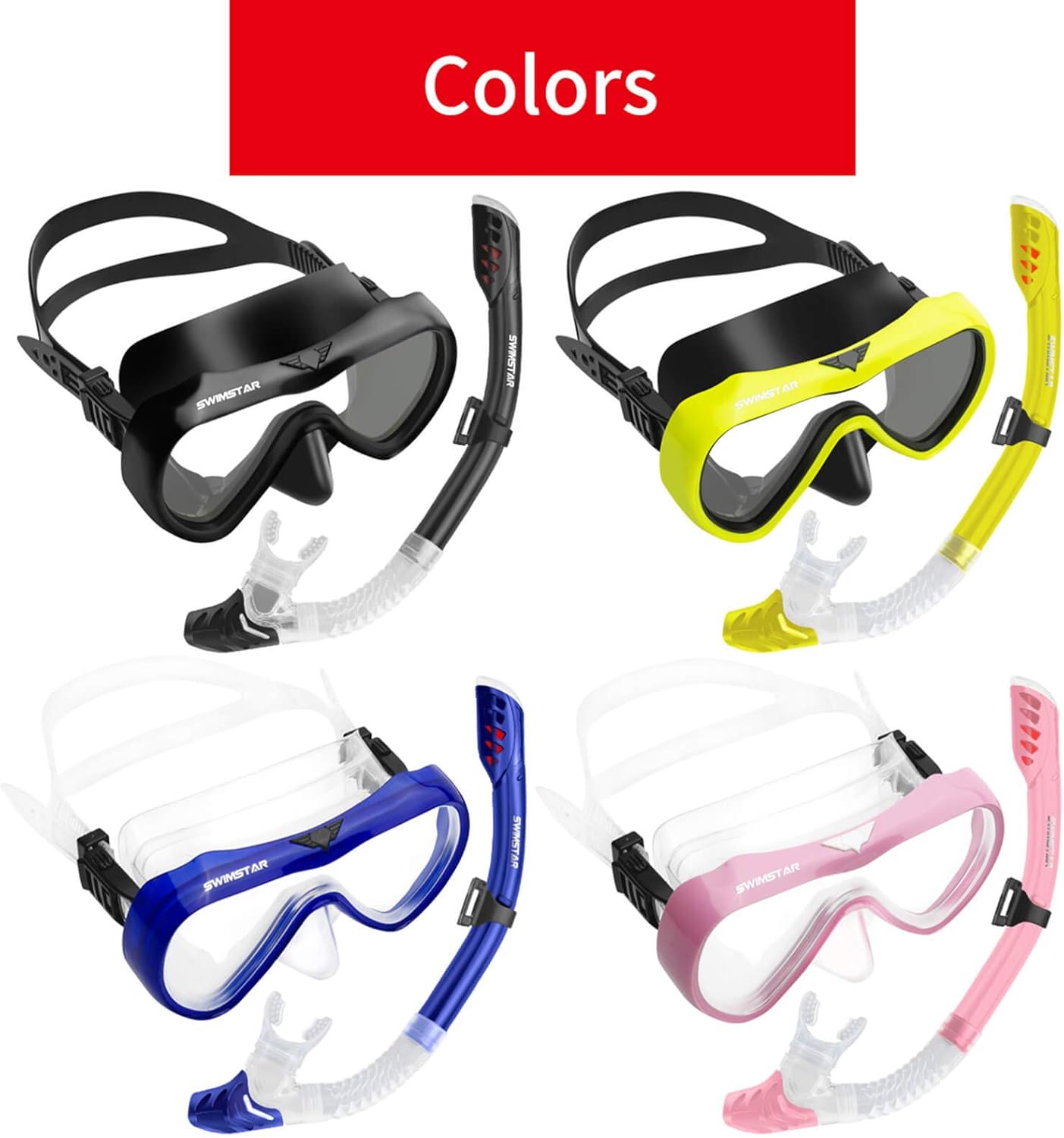 SwimStar Snorkel Set for Women and Men, Anti Fog Tempered Glass Snorkel Mask for Snorkeling, Swimming and Scuba Diving, Anti Leak Dry Top Snorkel Gear Panoramic Silicone Goggle No Leak Black