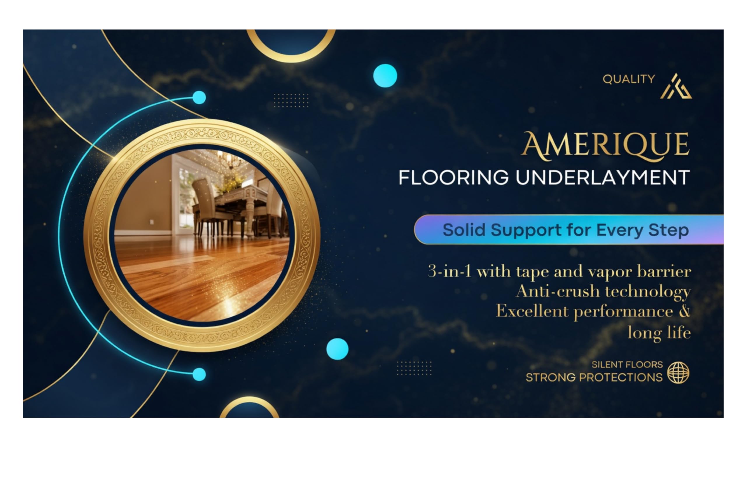 800 SQFT AMERIQUE 1,5 mm, imbottitura per pavimenti di alta qualità, 3 in 1, 200 SF/rotolo, confezione da 4 supporti con nastro adesivo e barriera al vapore
