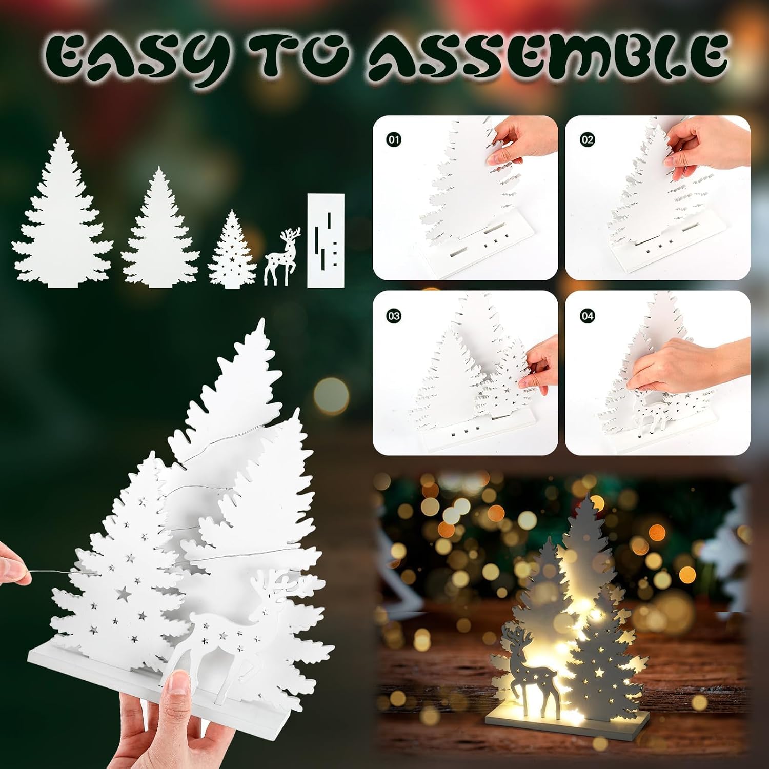 YLOLUL 3 Set Wooden Christmas Tree Decorations, Light Christmas Tabletop Centerpieces LED Elk Reindeer Ornament for Xmas Party Home Indoor Holiday Fireplace Mantel Decor