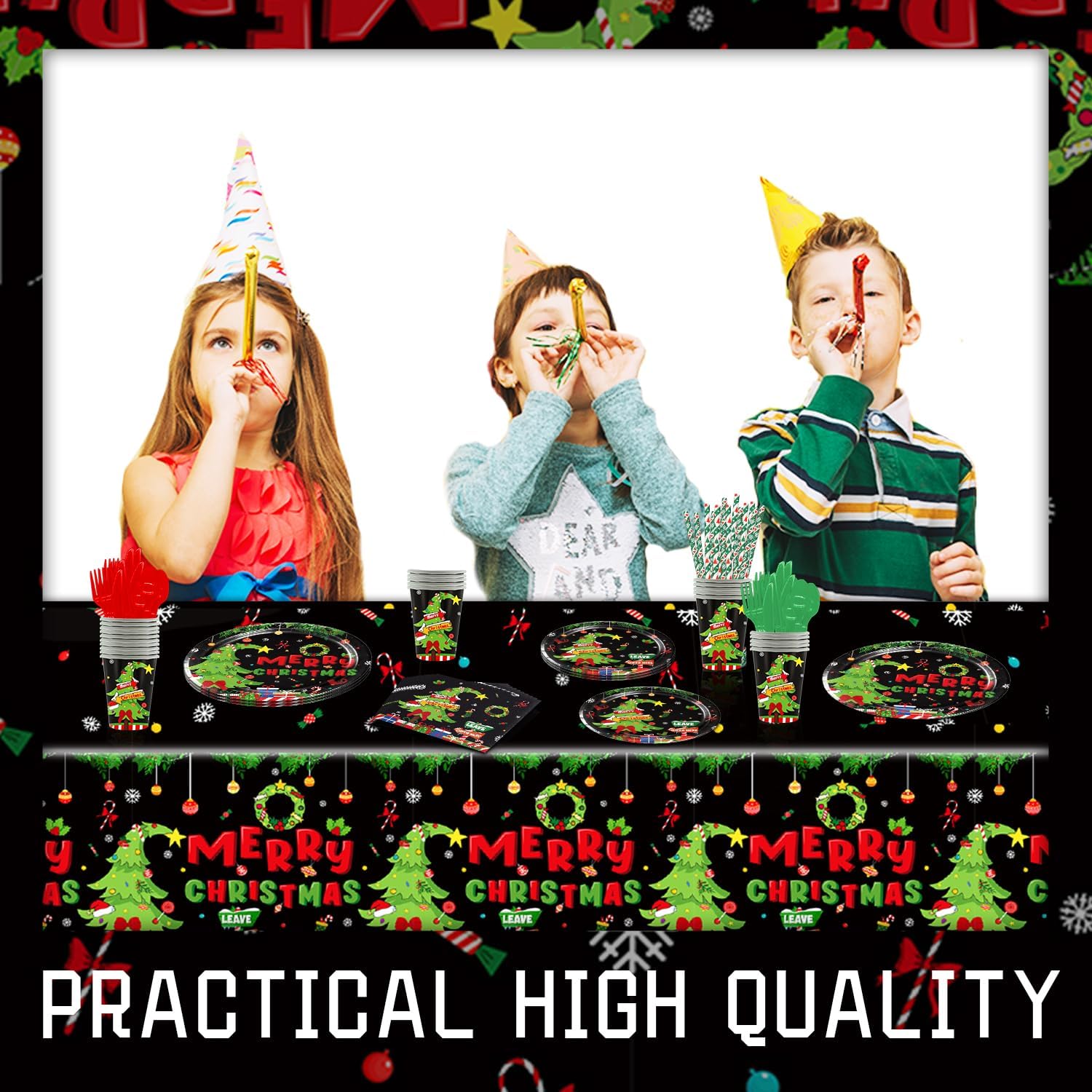 Christmas Novelty Party Tableware Set - Serves 25 Holiday Party Supplies, Disposable Plates, Tablecloth, Cups, Forks, Spoons, Knife, Napkins Dinnerware Utensils for Black Winter New Year Party