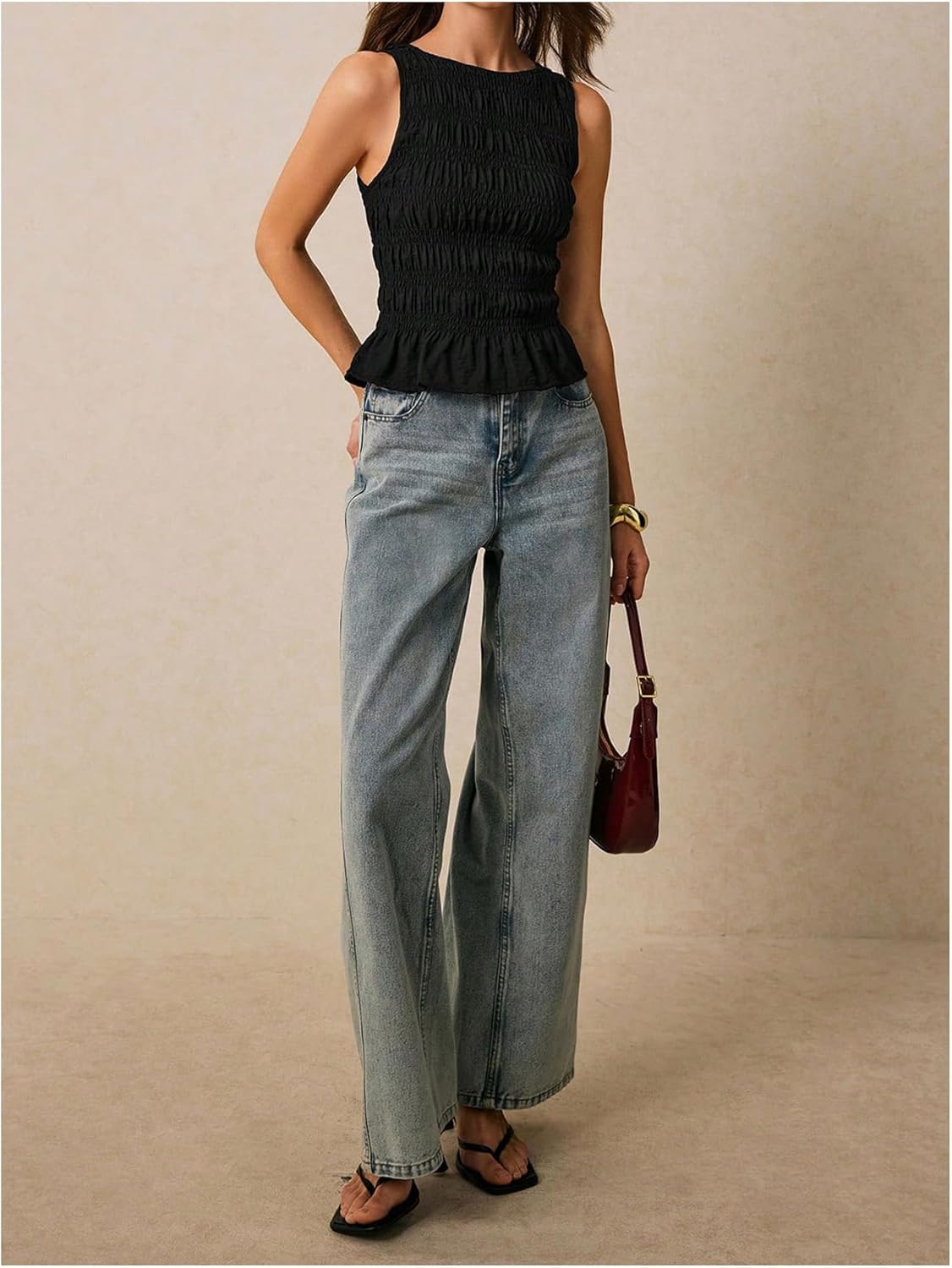 Milumia Women's Sleeveless Crewneck Frill Smocked Ruffle Crop Top Shirred Tank Top Shirt - Image 5