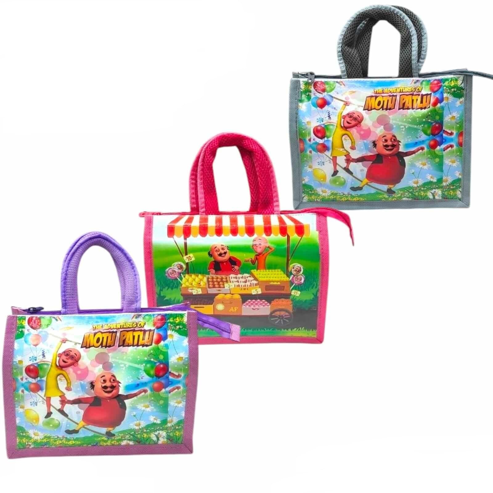 goldgiftideas non woven cartoon print bags for kids, utility lunch bag with cartoon print,return gift bags for kids birthday,kanya pujan | zipper tiffin storage tote for school daily use (pack of 10)