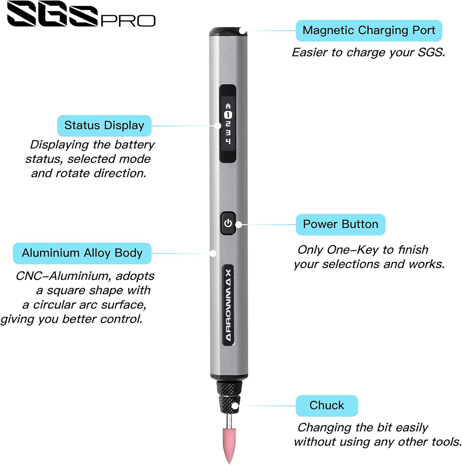 Diagram of the ARROWMAX SGS PRO pen with labeled parts: Magnetic Charging Port, Status Display, Aluminium Alloy Body, Power Button, and Chuck.