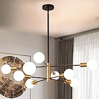 Vista 1 de Candelabro Sputnik de 8 luces, lámparas colgantes negras y doradas, moderna lámpara de comedor de granja de latón de mediados de siglo, altura