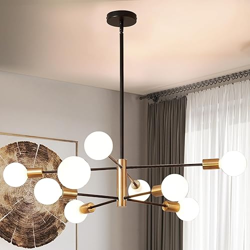 Sheetea 8-Light Sputnik Chandelier, Black and Gold Chandeliers Pendant Lighting, Modern Farmhouse Dinning Room Light Fixture Mid Century Brass, Height Adjustable for Living Room Kitchen Island