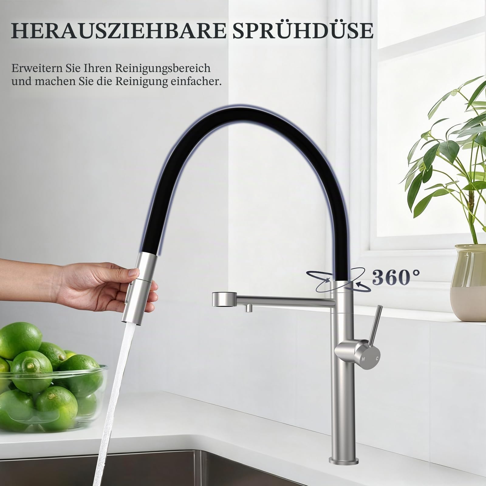 3 Wege Wasserhahn Küche, Einhebel 3 in 1 Küchenarmatur für Wasserfilter | Tohlar Armatur Küche mit Herausziehbarer Brause, 3 in 1 Mischbatterie, 360°Drehbar Küchenarmatur, Edelstahl Gebürstet